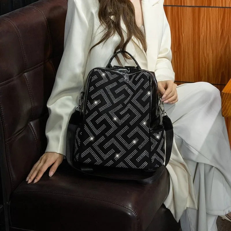 Women's Soft Leather Travel Backpack Bling Rhinestone Craft, Large Capacity, Fashion Convertible Backpack for Outdoor