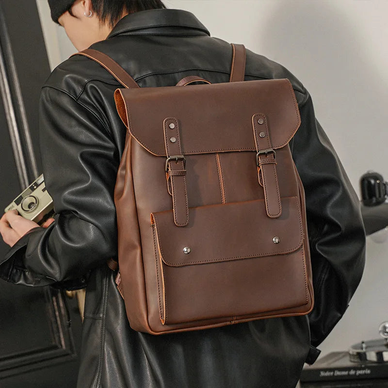 GOYN Vintage Men's Leather Backpack Bookbag 14 inch Laptop Bag Waterproof Utility Large Capacity Rucksack Hiking Business Work